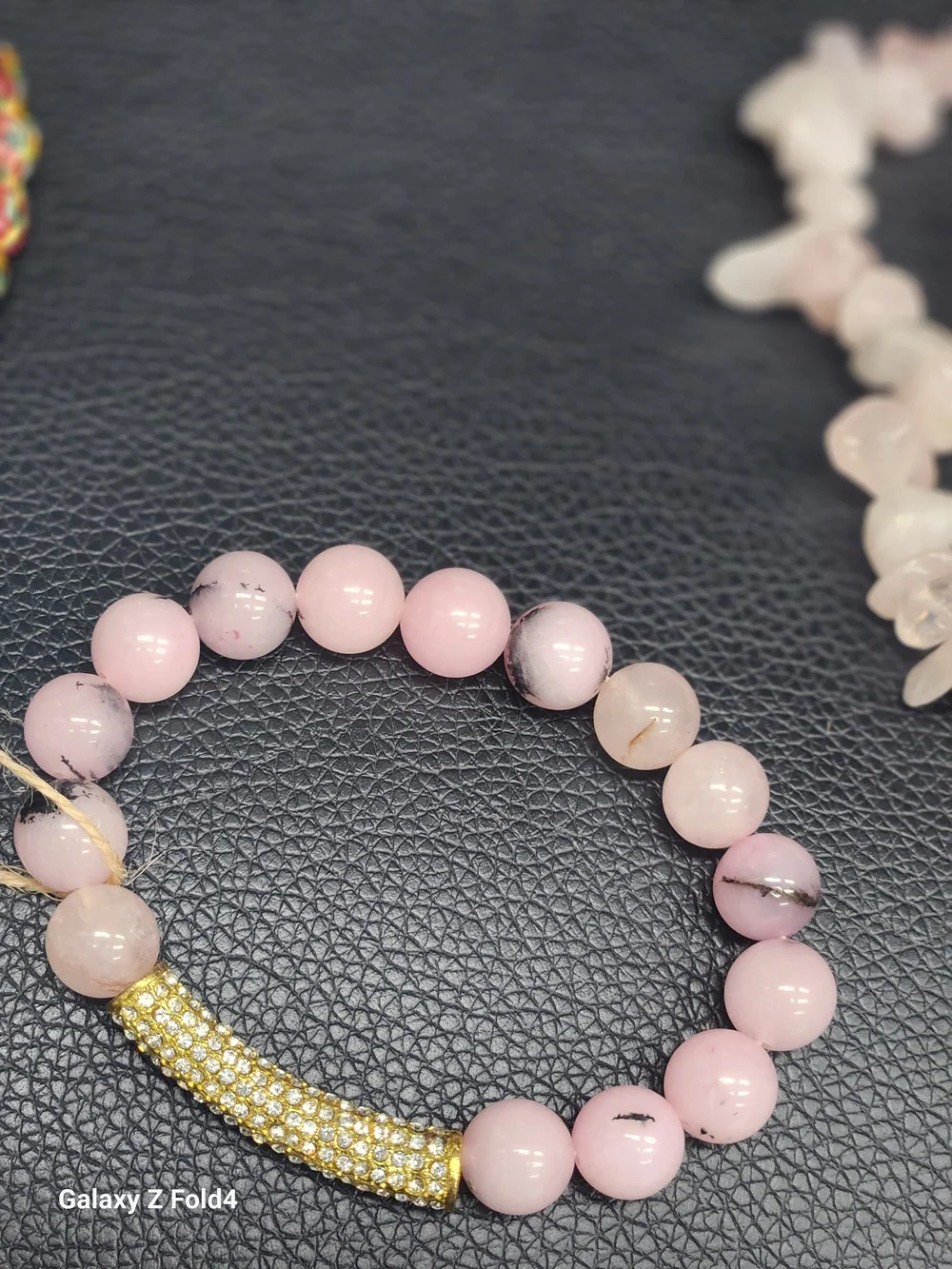 Hand Crafted Rose Quartz Chip Bracelet with Gold Accent